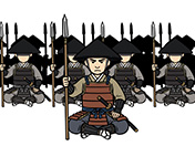 整列して座っている槍組足軽