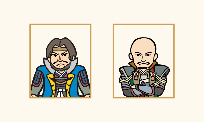 やったぜ! 雑賀孫市と斎藤道三の似顔絵イラスト(AC)